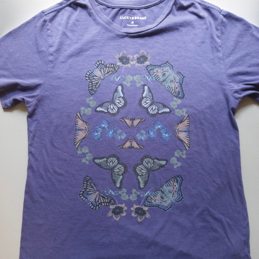 Lucky Brand Butterfly Floral Graphic Purple T Shirt Womens Size Medium